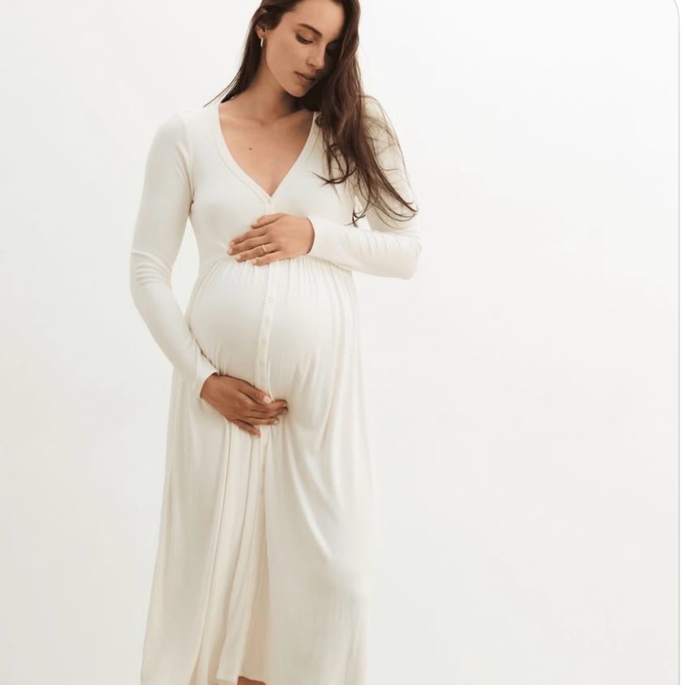 Hatch Maternity Long-Sleeve Button-Front Dress in Ivory- The Softest Rib Nursing
